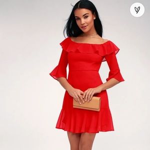 Lulus Dress| Romantic Mood Red Off-the-Shoulder Dress